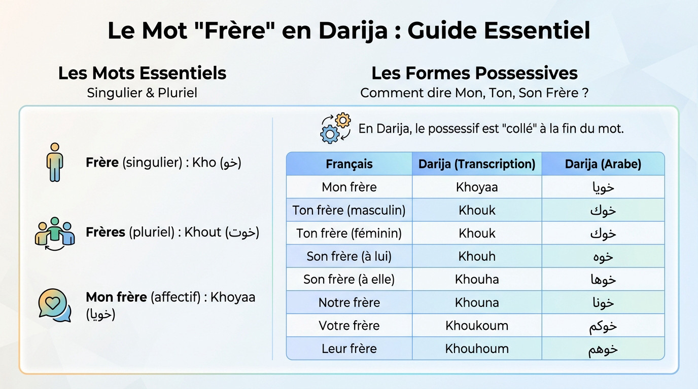 Illustration des différentes façons de dire frère en darija marocain : kho, khout et khoyaa