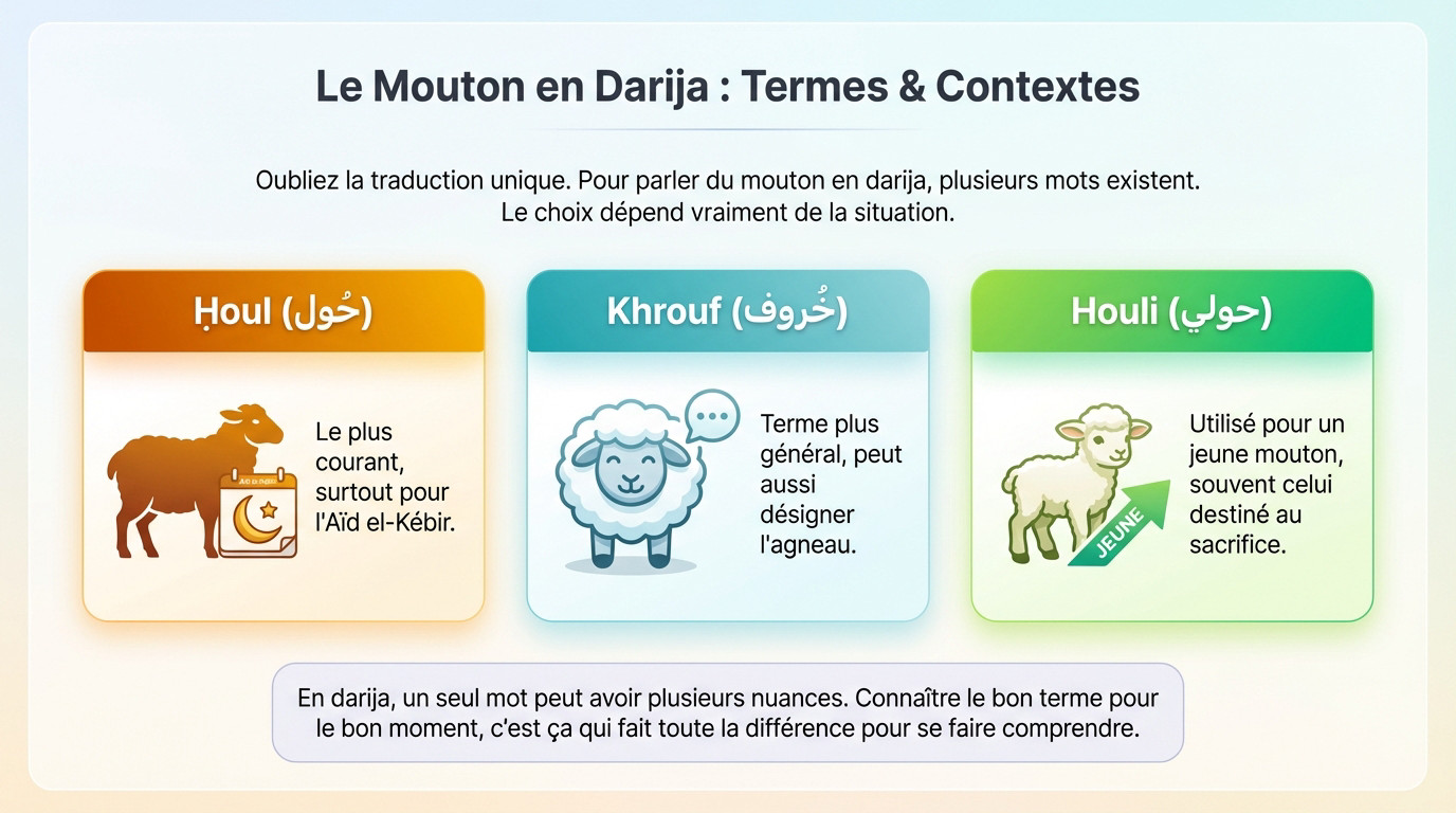 Illustration des termes Ḥoul, Khrouf et Houli pour désigner le mouton en arabe marocain
