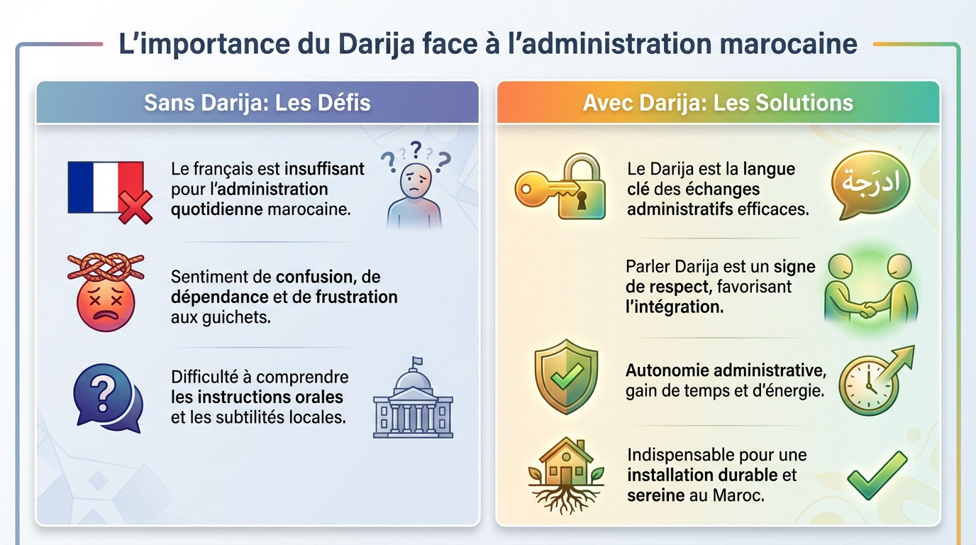 Femme discutant en darija au guichet d'une administration marocaine pour faciliter ses démarches