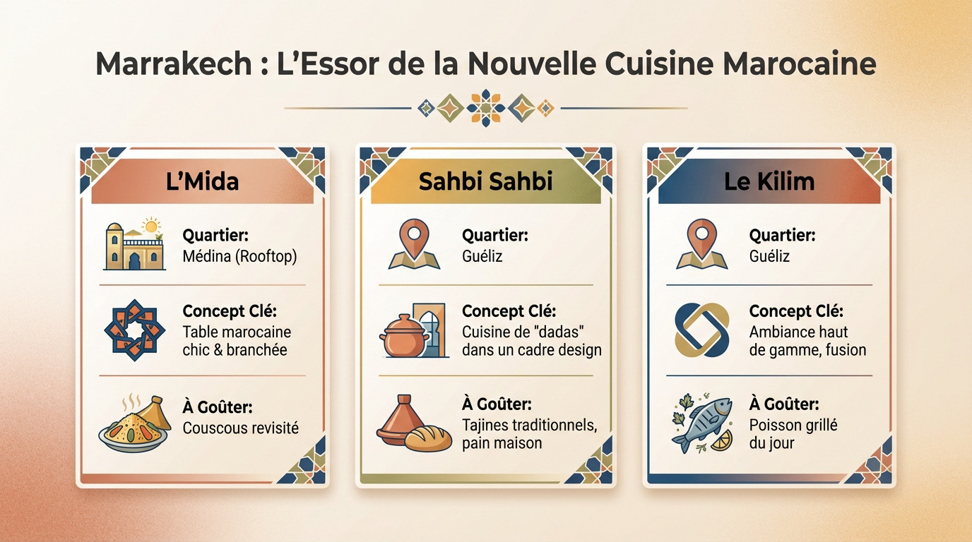 Plats marocains revisités servis dans un restaurant design à Marrakech