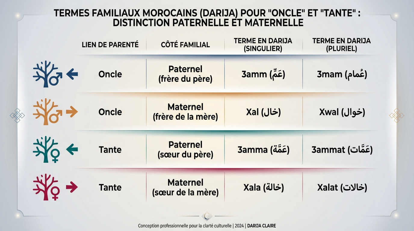 Schéma explicatif illustrant la différence entre oncle paternel et maternel en darija