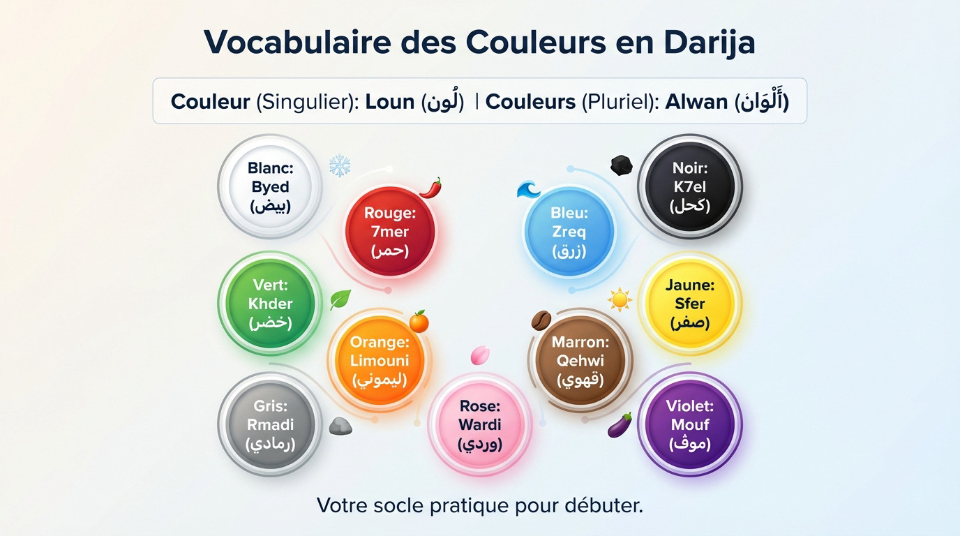Illustration des principales couleurs en arabe marocain darija avec leur traduction