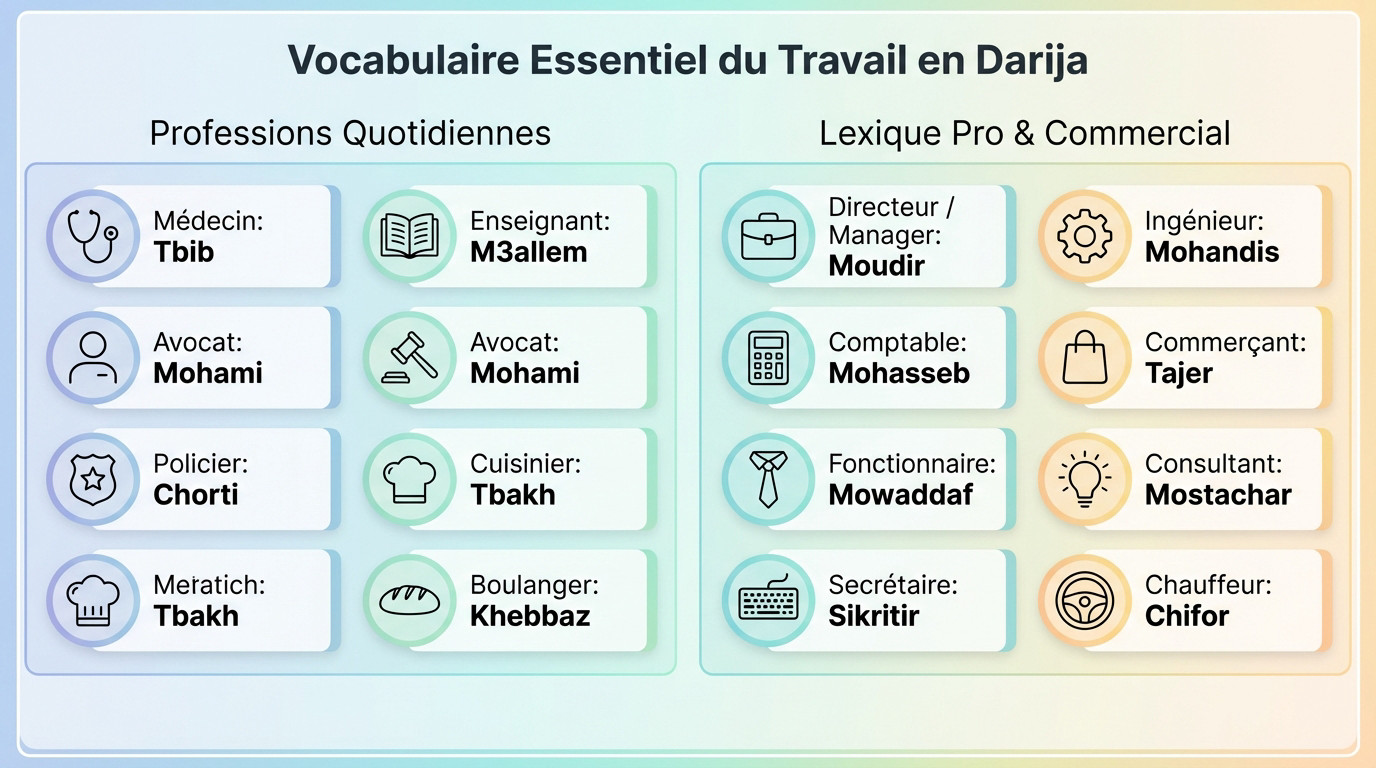 Liste vocabulaire essentiel darija travailler maroc pour les métiers courants
