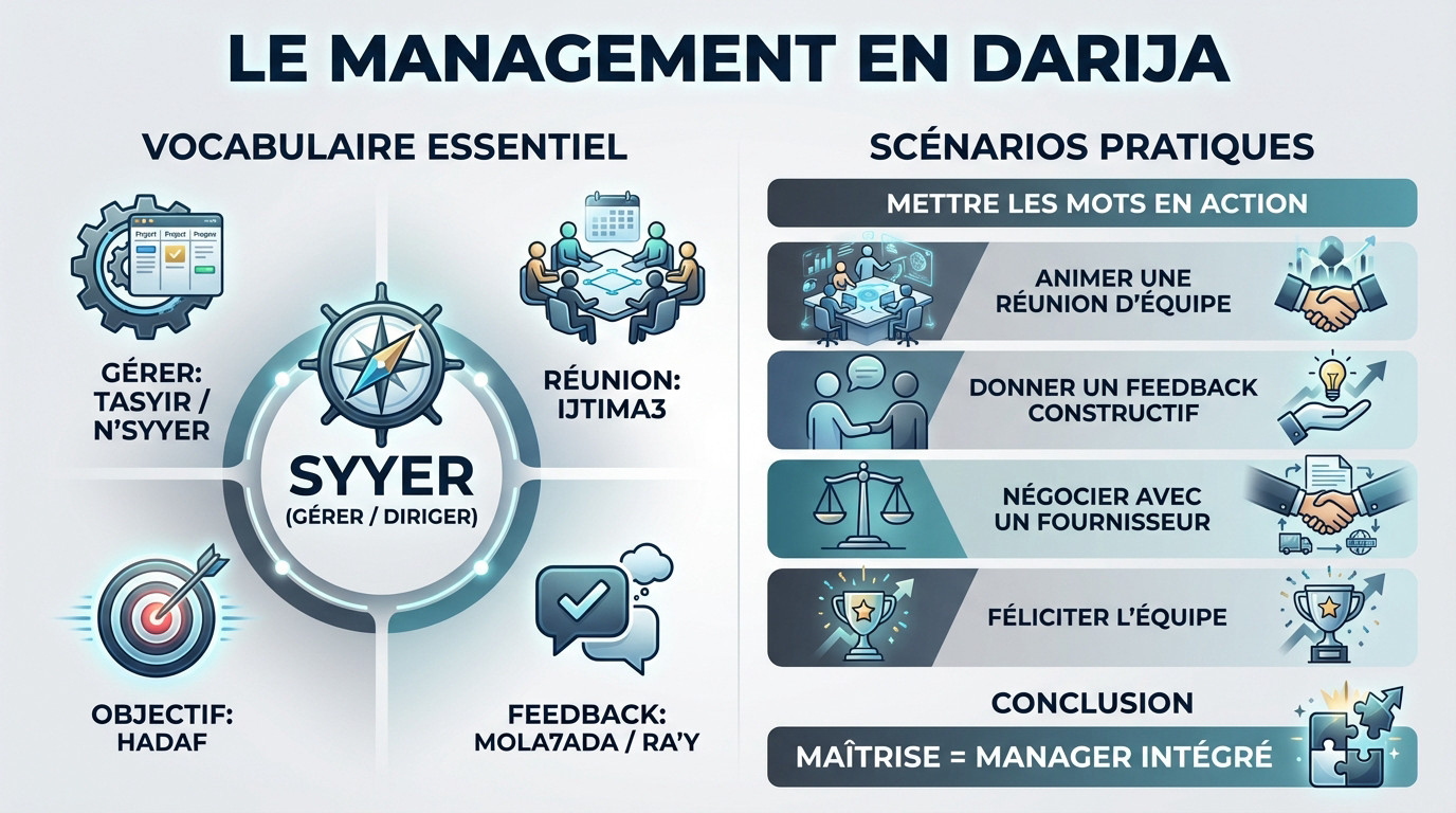 Tableau blanc avec vocabulaire de management en darija et employés en réunion