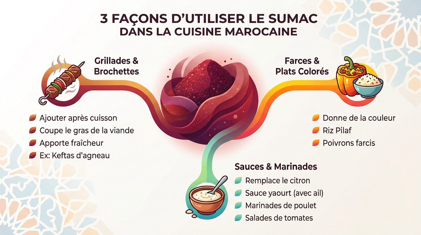 Assiette de présentation avec du sumac en poudre et des ingrédients frais de la cuisine marocaine