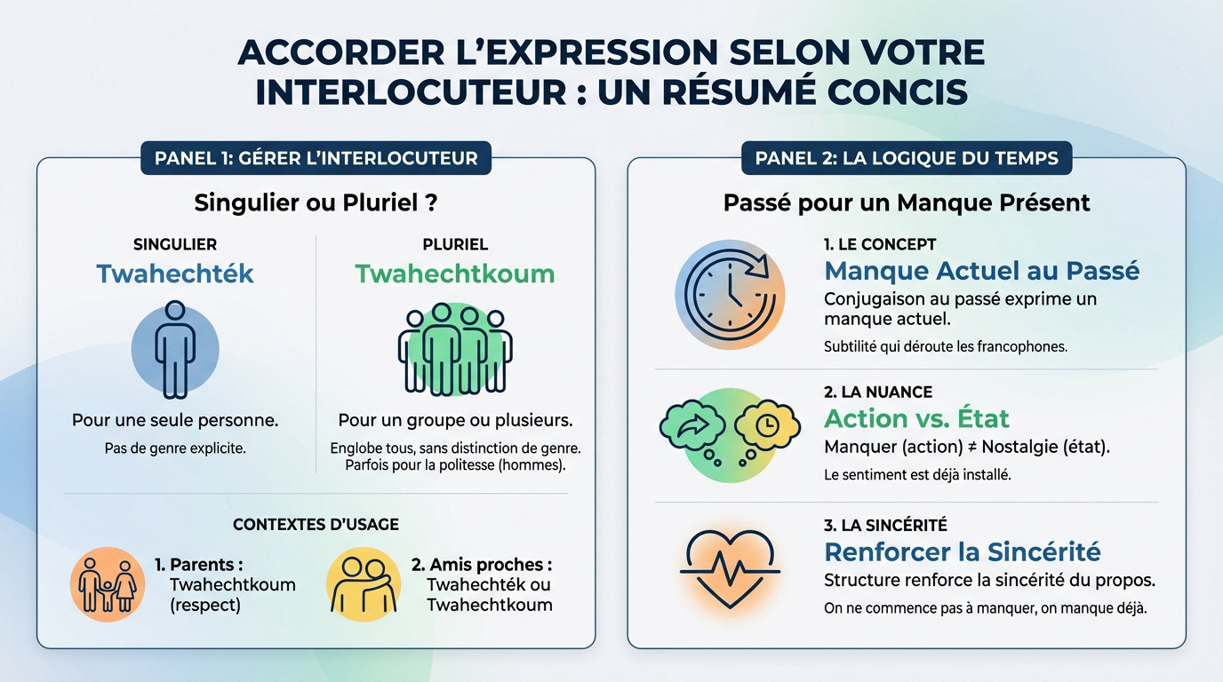 Schéma explicatif montrant comment accorder l'expression tu me manques en darija selon l'interlocuteur et la logique du temps