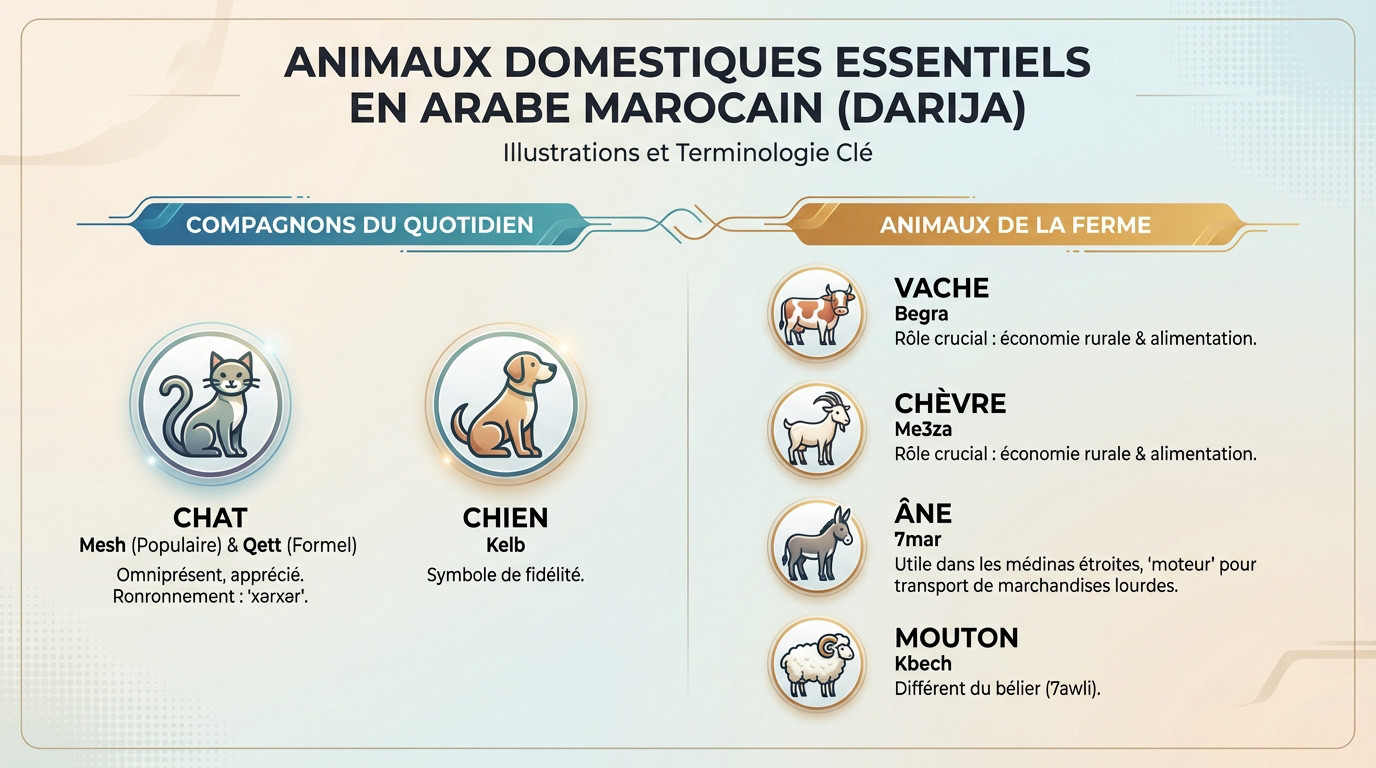 Un chat et un chien dans une rue marocaine illustrant les animaux domestiques en Darija