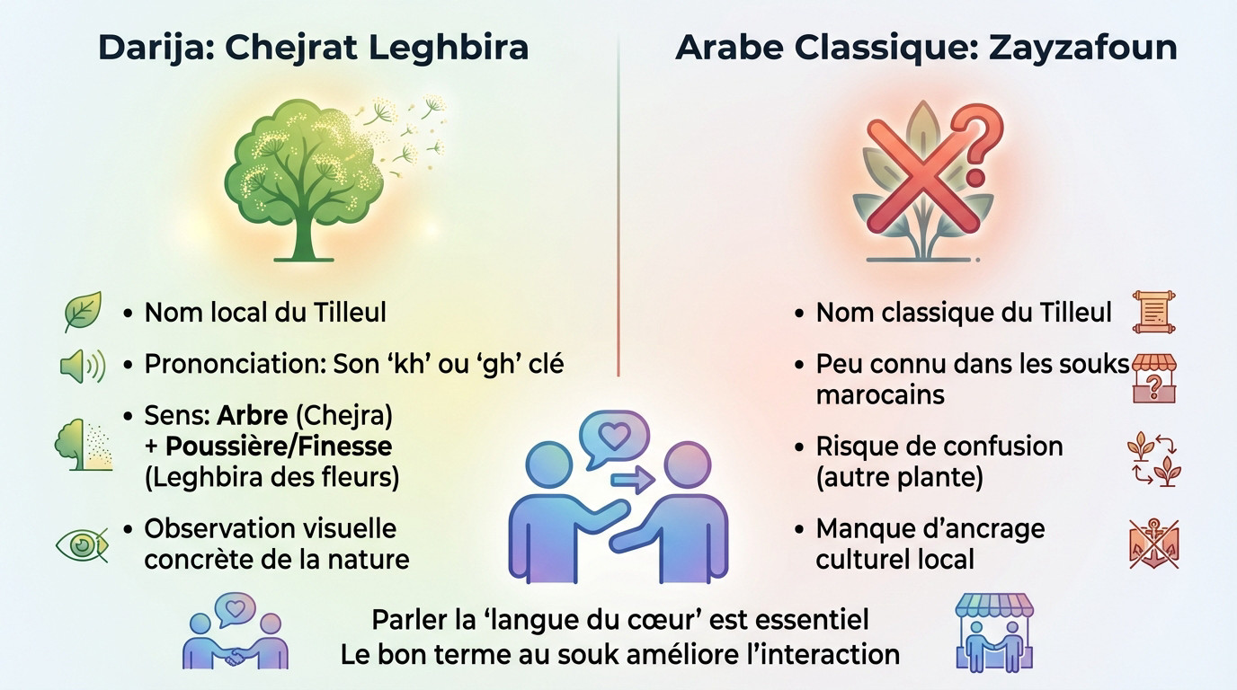 Comparaison entre demander du tilleul en darija et en arabe classique au souk