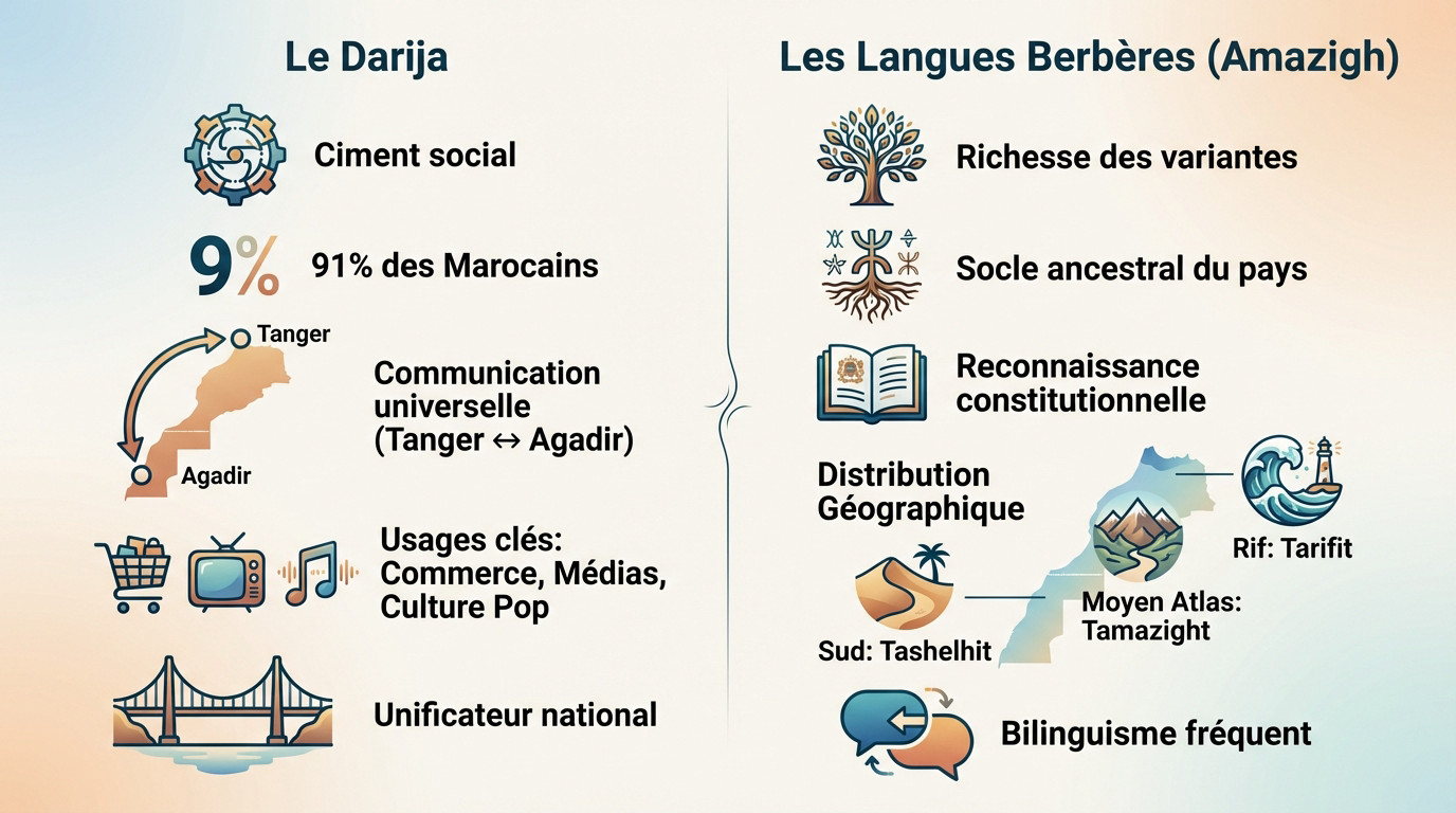 Carte illustrative des langues parlées au Maroc montrant la répartition du Darija et des dialectes berbères