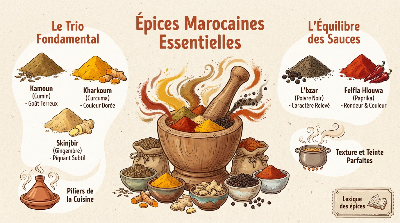 Infographie des épices marocaines de base comme le cumin et le curcuma