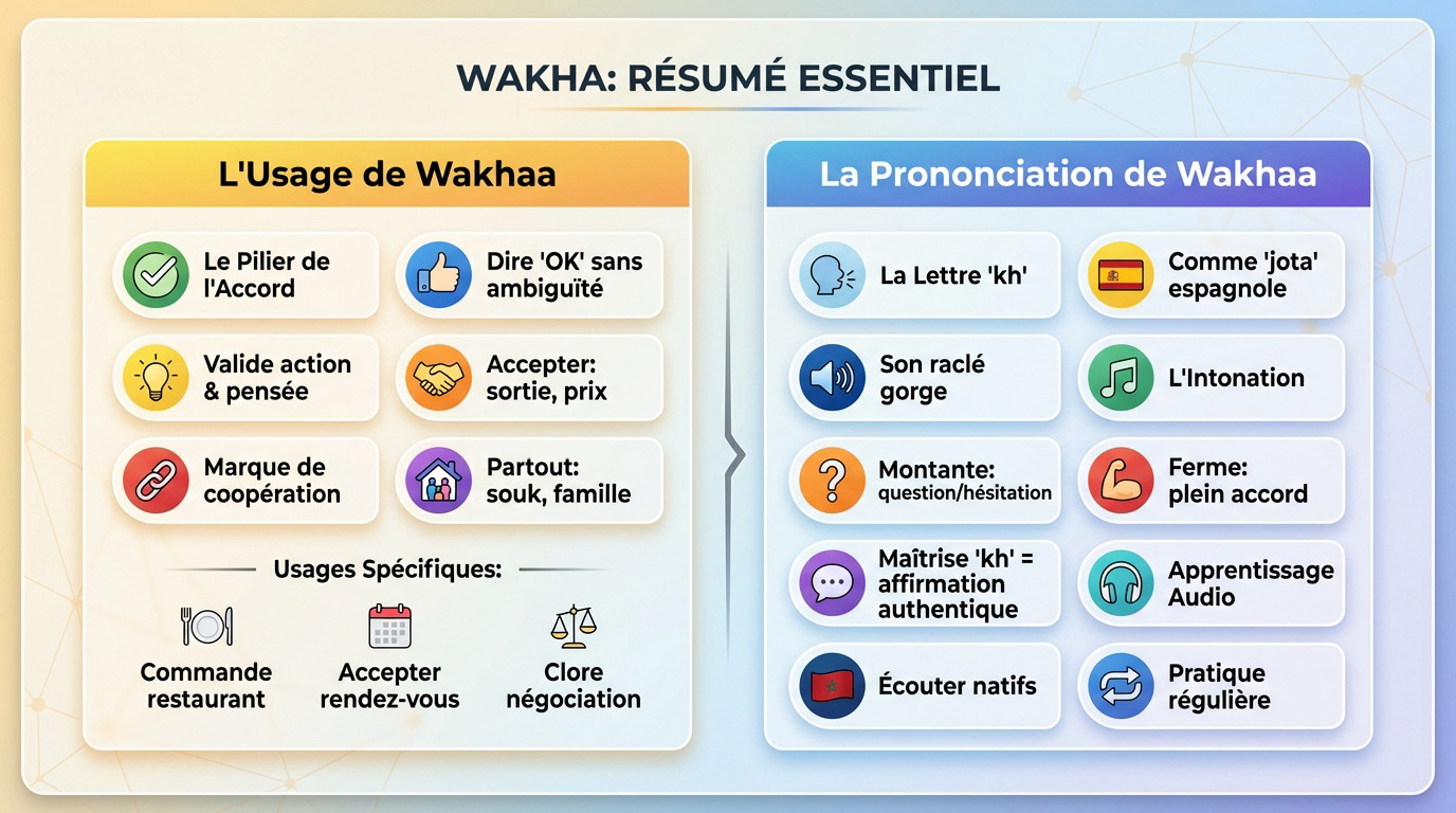 Infographie expliquant la prononciation et l'usage du mot Wakha en arabe marocain
