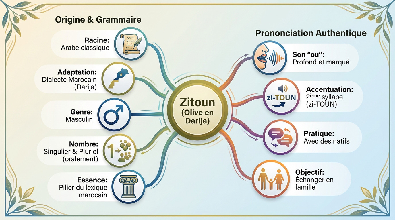 Infographie expliquant le mot zitoun et sa prononciation en darija marocain