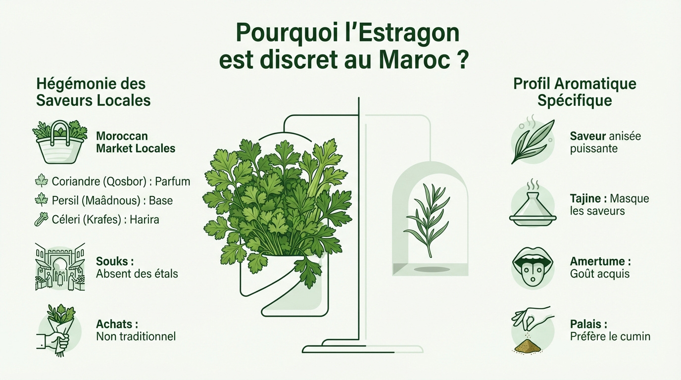 Bottes de coriandre et persil frais sur un étal de marché traditionnel au Maroc