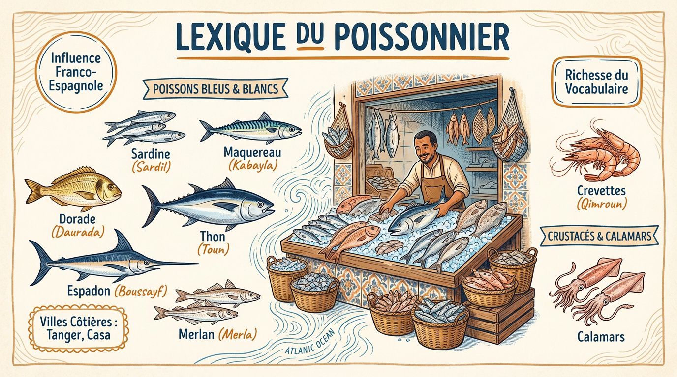 Étal de poissons frais au marché marocain avec sardines et dorades