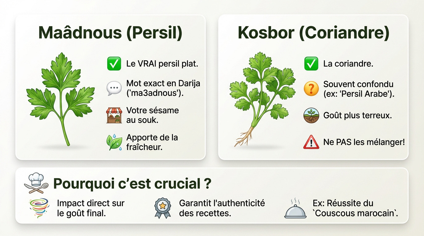 Différence entre le persil Maâdnous et la coriandre Kosbor en cuisine marocaine