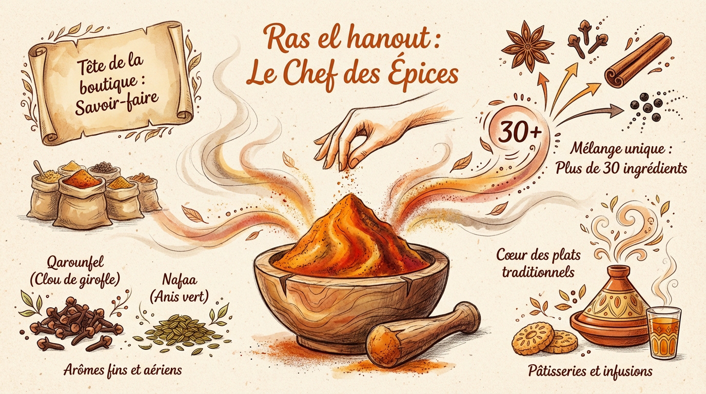 Mélange d'épices Ras el hanout coloré dans un souk marocain traditionnel