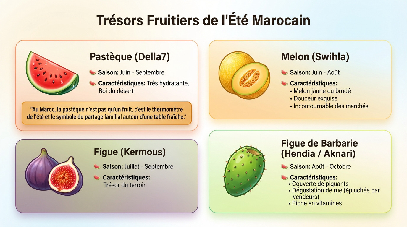 Étalage coloré de fruits d'été au Maroc avec pastèques et melons, symboles de fraîcheur