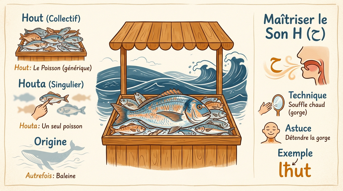 Illustration du mot poisson et de sa prononciation en arabe marocain