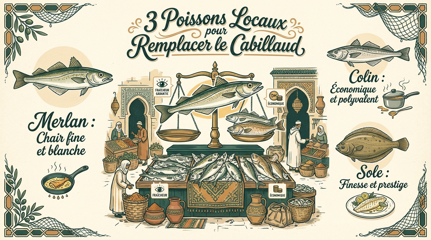 Sélection de poissons frais sur un marché marocain pour remplacer le cabillaud
