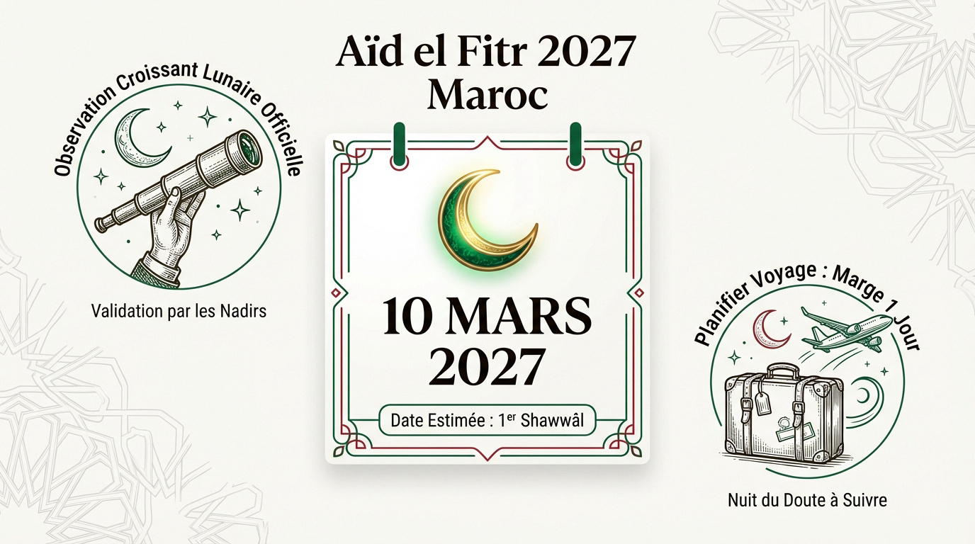 Célébration de l'Aïd el Fitr 2027 au Maroc avec vue sur une mosquée traditionnelle