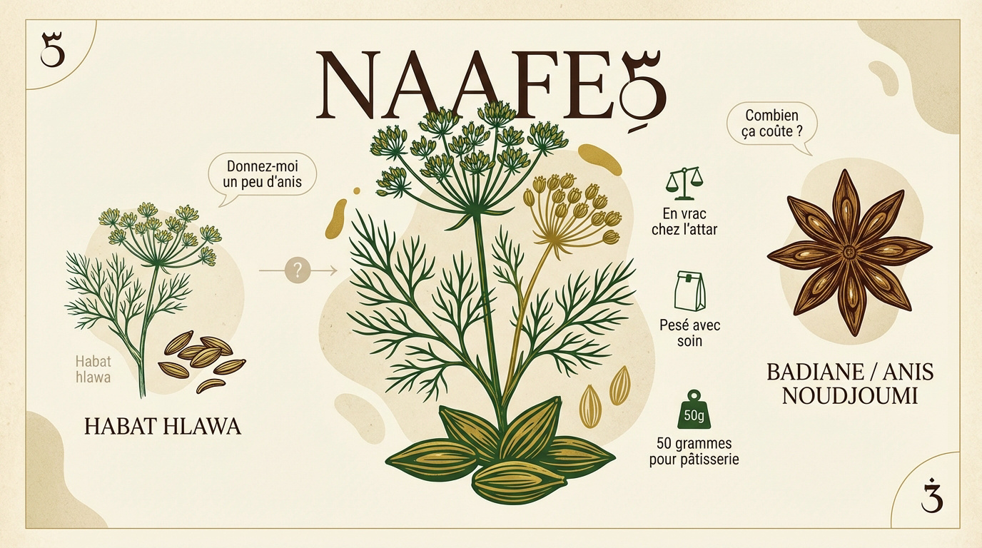 Graines d'anis vert naafe3 et anis étoilé badiane sur un marché marocain