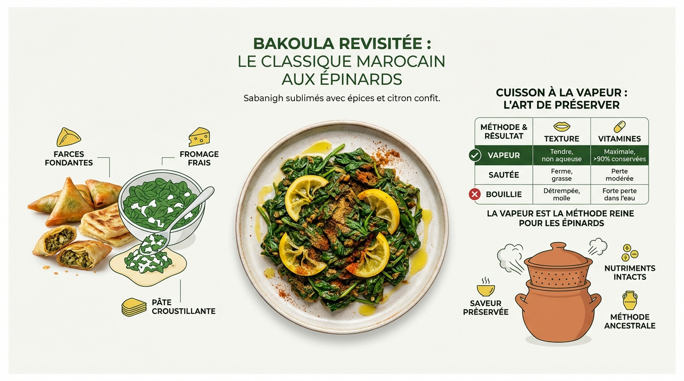 Salade de Bakoula marocaine aux épinards avec olives et citron confit