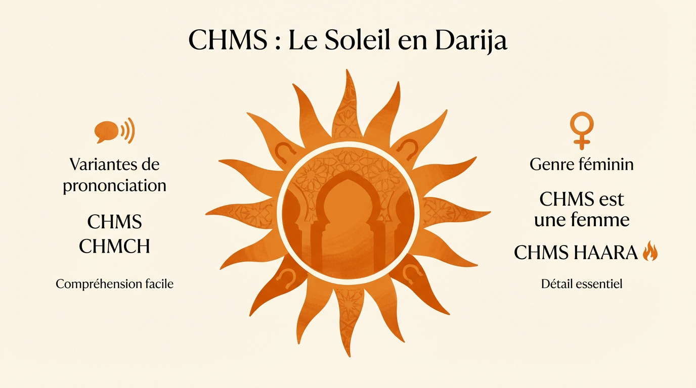 Le mot soleil écrit en arabe marocain chms avec sa prononciation