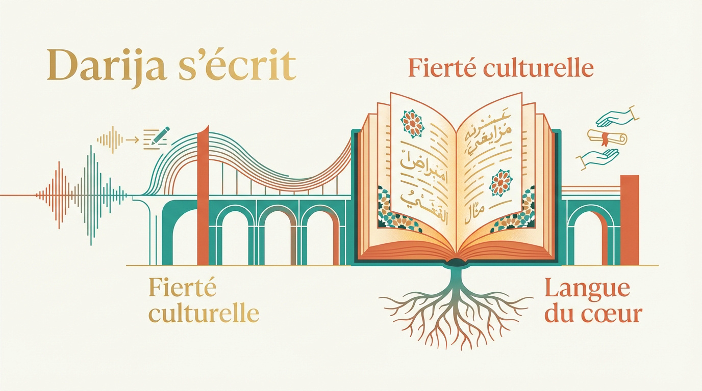 Livre ouvert écrit en darija symbolisant la transmission culturelle marocaine