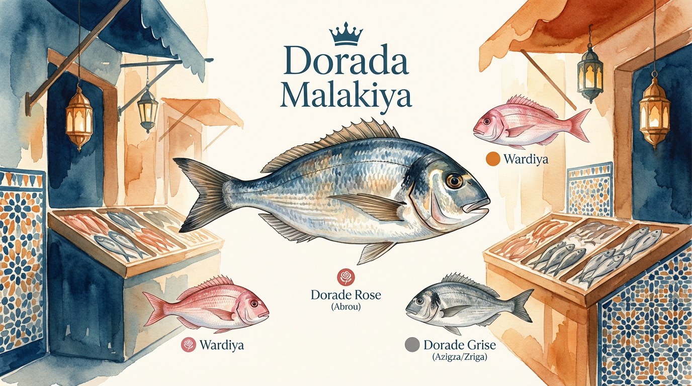 Étal de dorades fraîches sur un marché aux poissons au Maroc