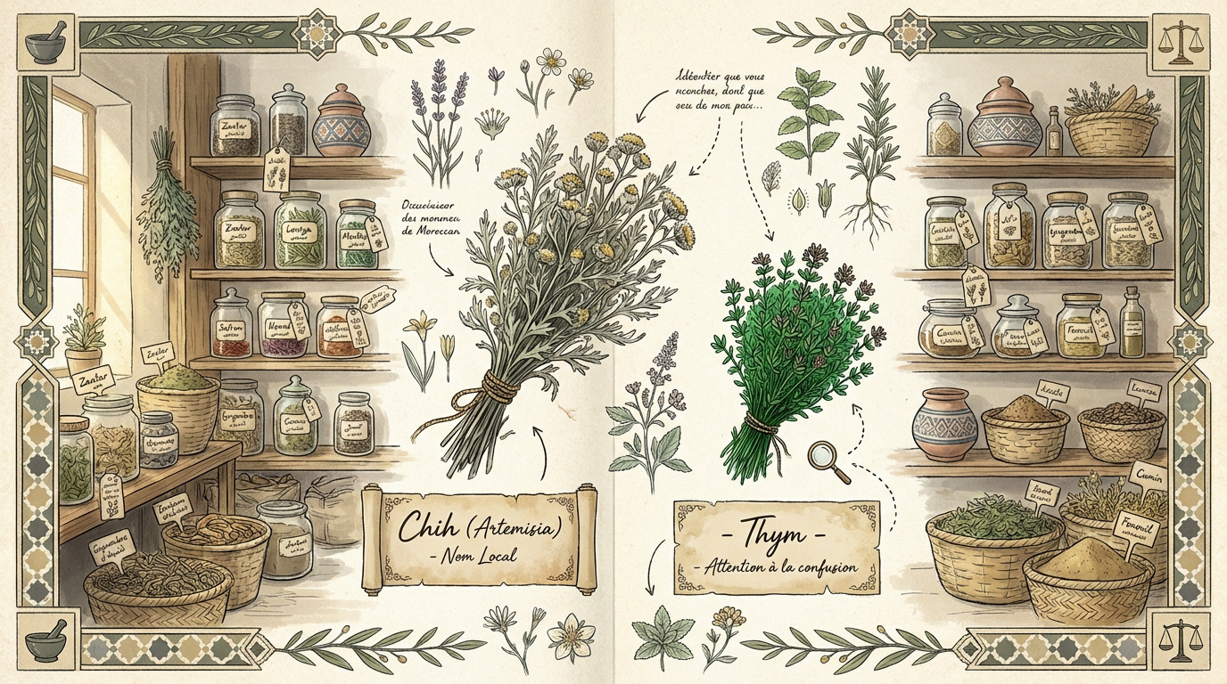 Vente d'armoise séchée et de thym dans une herboristerie traditionnelle au Maroc