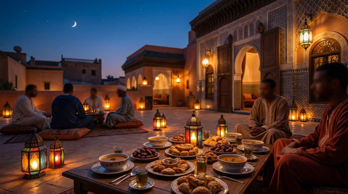 Groupe d'hommes partageant un repas de l'Iftar sur un toit marocain la nuit, avec des lanternes, la lune et des mets traditionnels. Ramadan Maroc 2026