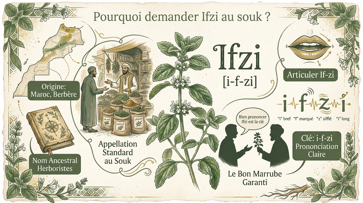 Plante de marrube blanc séchée nommée Ifzi sur un étal d'herboriste au Maroc