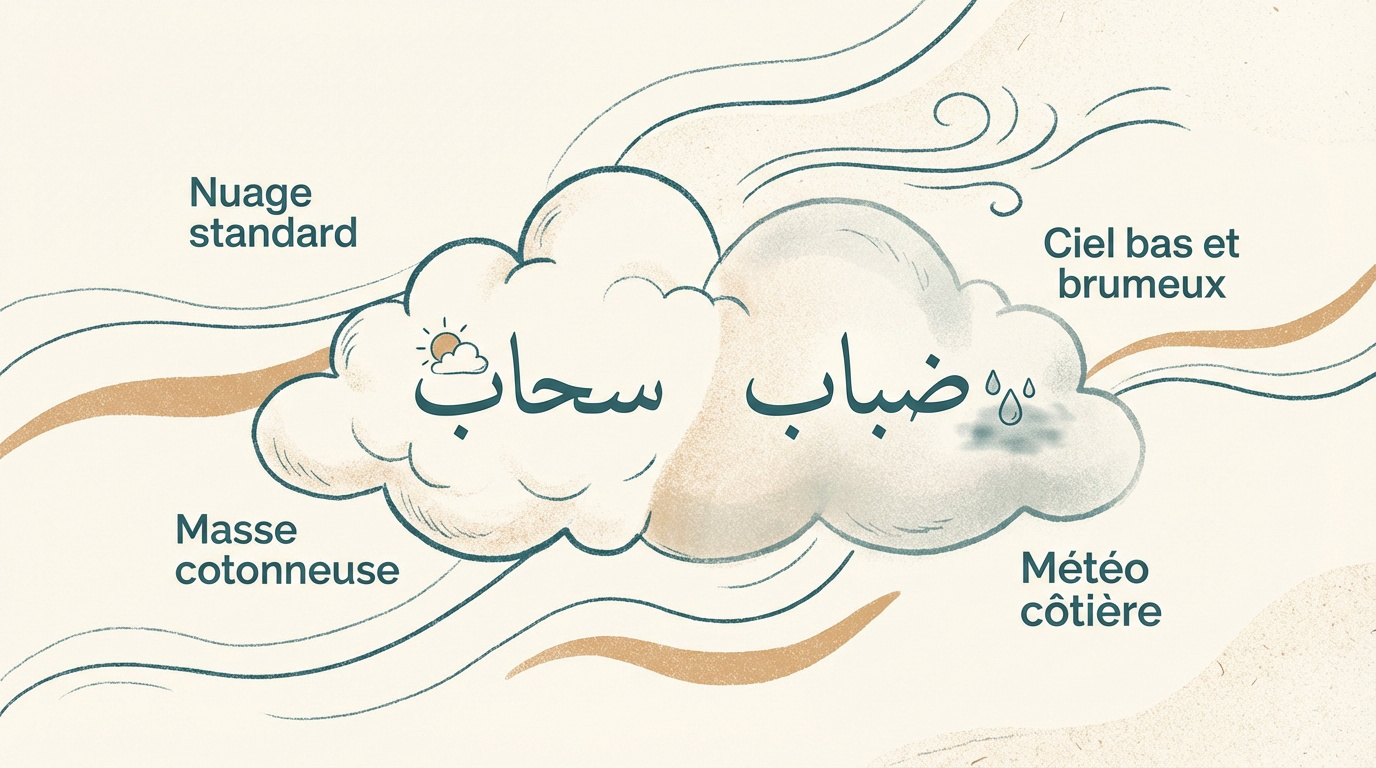 Illustration de nuages dans le ciel avec des éléments de calligraphie arabe