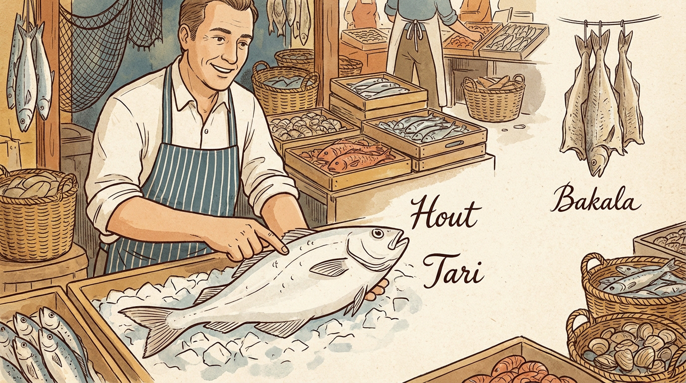 Étal de poisson frais et morue séchée bakala sur un marché marocain