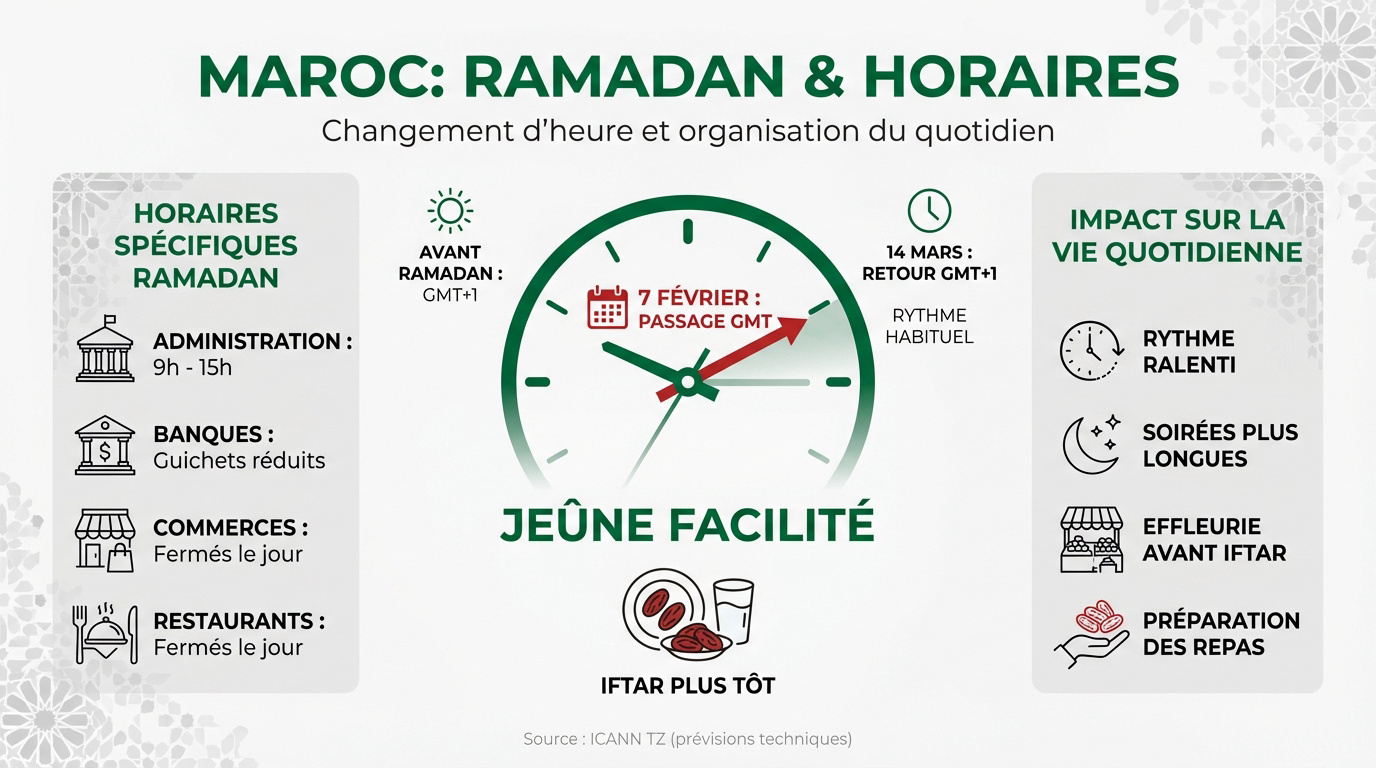 Ambiance de rue au Maroc pendant le Ramadan avec horloge symbolique