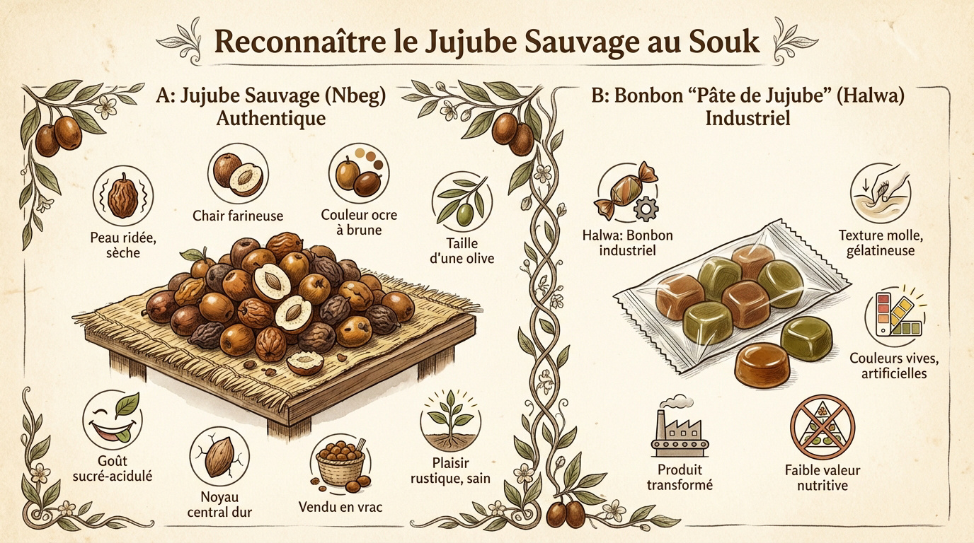 Jujubes sauvages séchés vendus sur un étal de souk marocain