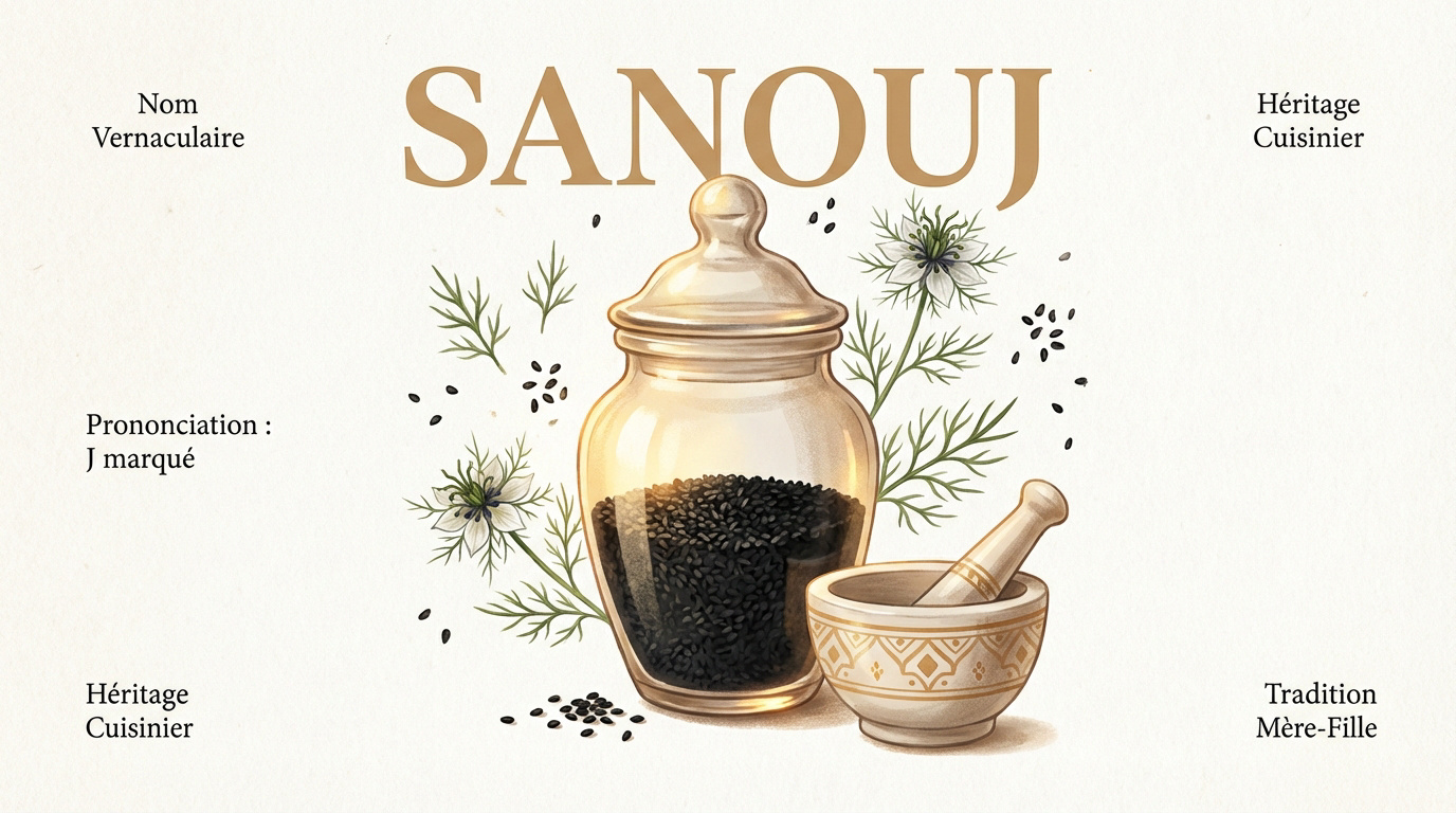 Graines de nigelle Sanouj dans un bol en bois traditionnel marocain