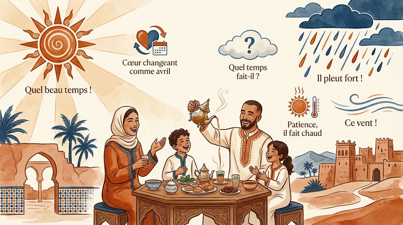 Famille marocaine discutant du temps qu'il fait dans un salon traditionnel