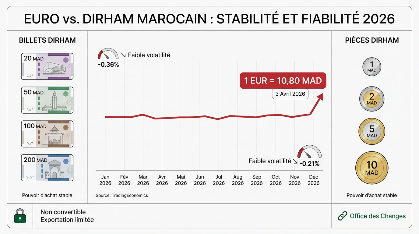 Comparaison visuelle entre l'euro et le dirham marocain pour les voyageurs en 2026