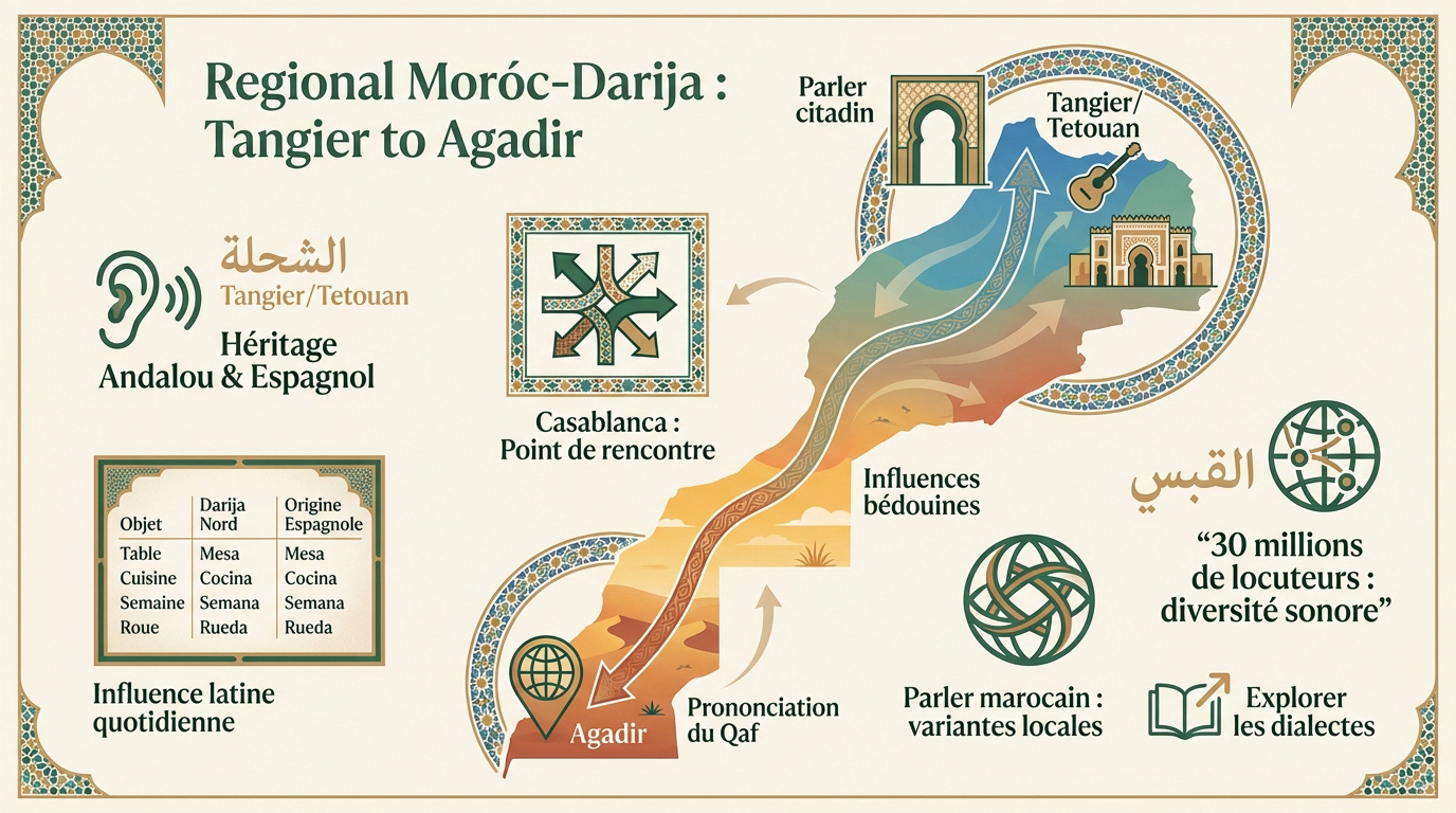 Infographie montrant les variations régionales du darija marocain entre le Nord et le Sud