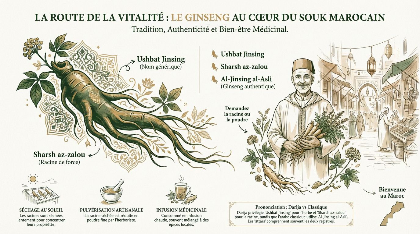 Racines de ginseng disposées sur un étal d'herboriste dans un souk marocain traditionnel