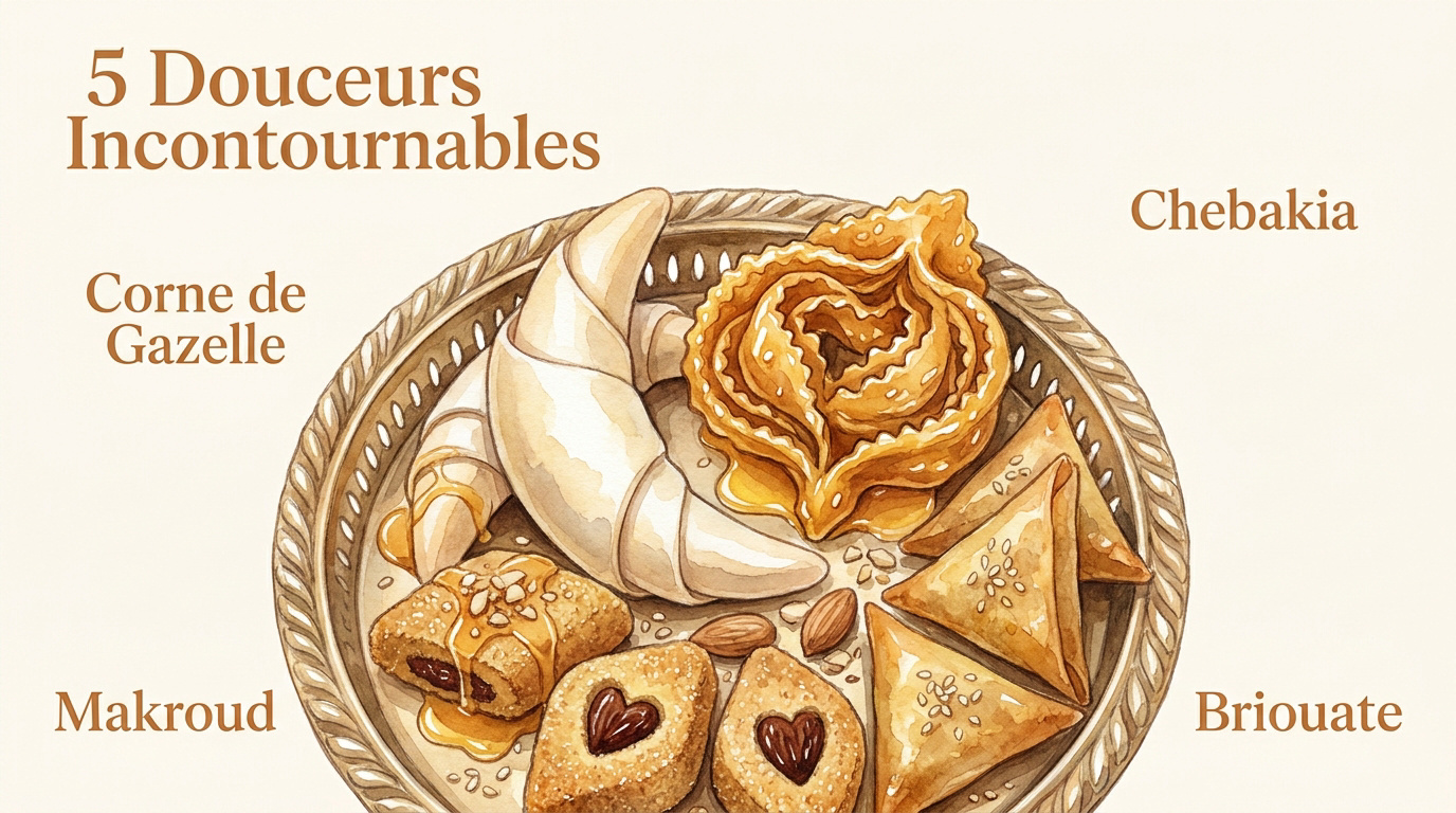 Plateau de gâteaux marocains traditionnels avec cornes de gazelle et chebakia