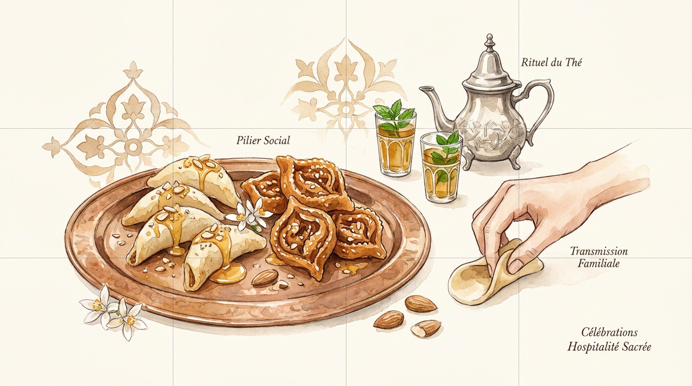 Plateau de pâtisseries marocaines traditionnelles avec cornes de gazelle et briouates