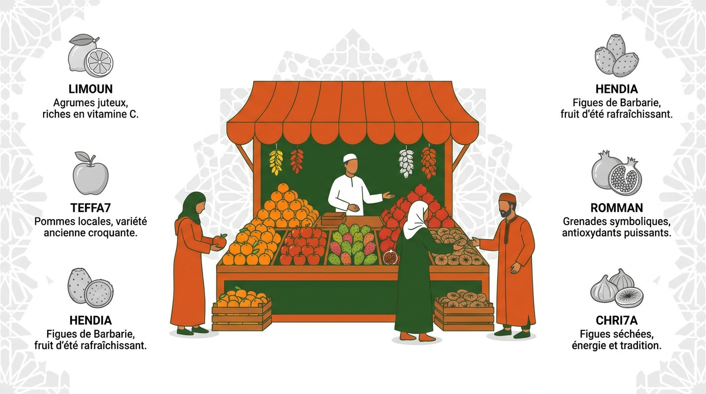Étal de fruits colorés sur un marché traditionnel au Maroc
