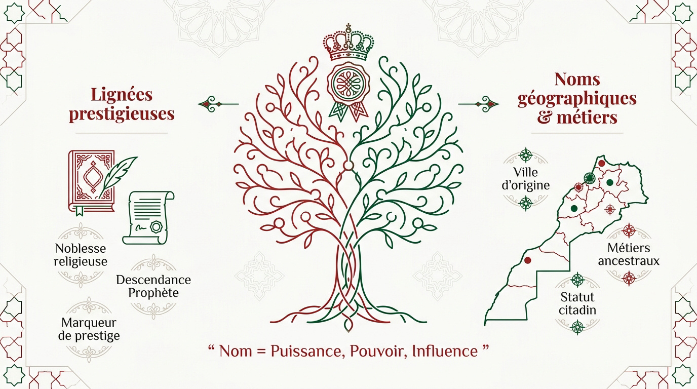 Infographie sur les catégories de noms de famille marocains et leur origine sociale
