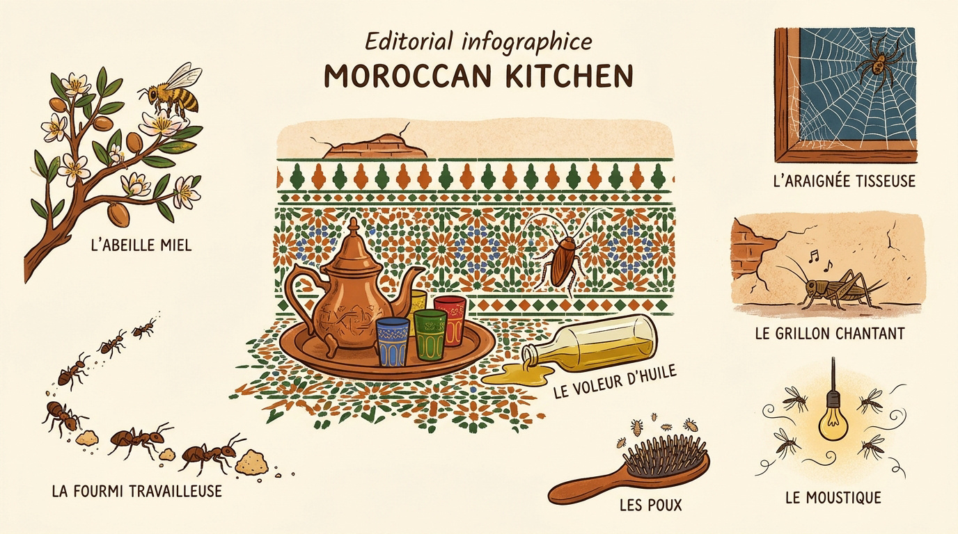 Illustration d'insectes typiques du Maroc dans une cuisine traditionnelle
