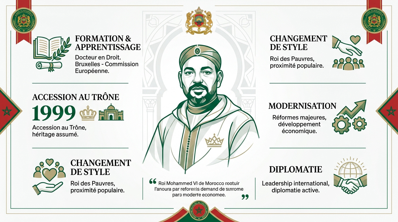 Portrait officiel du roi Mohammed VI du Maroc illustrant son parcours et sa vision moderne