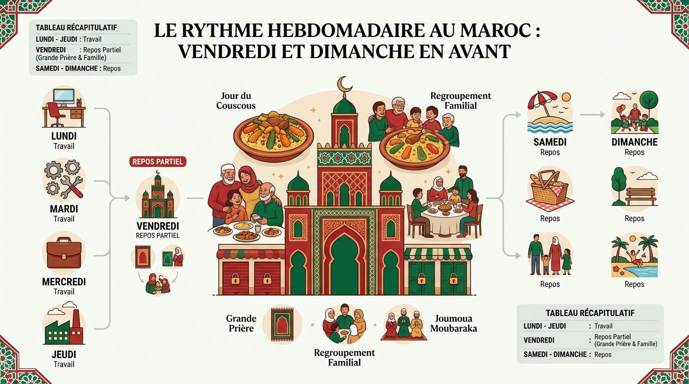 Illustration du rythme de la semaine au Maroc entre tradition et modernité