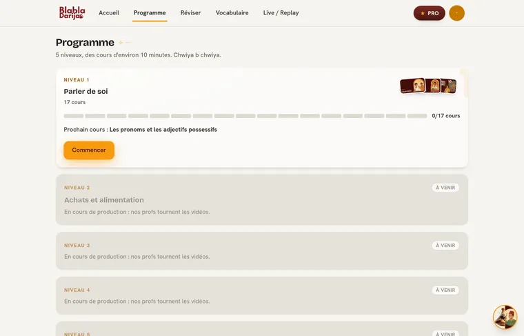 Le programme de cours Blabla Darija sur ordinateur
